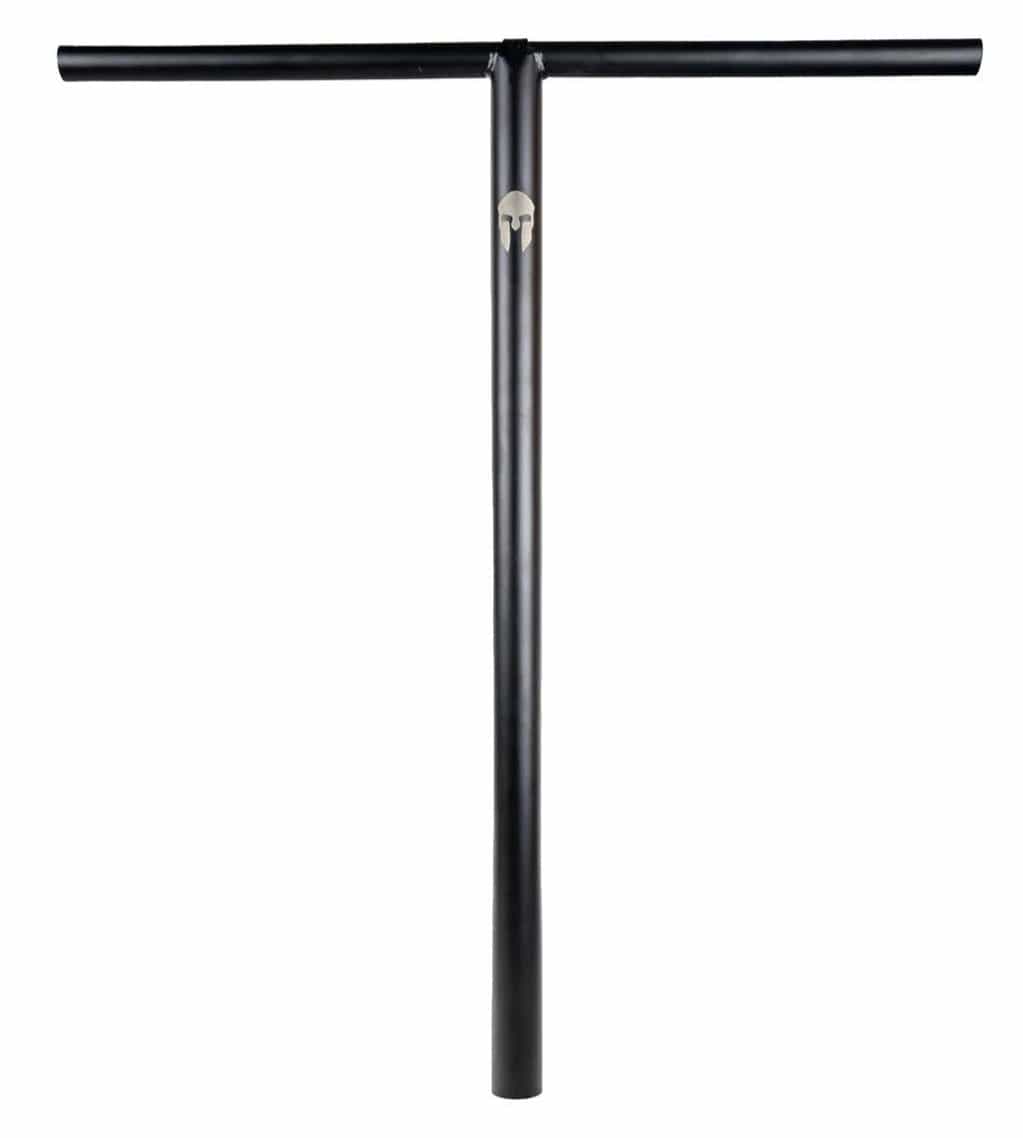 A black Supremacy Trojan Steel Standard SCS T-bar handlebar, measuring 710mm x 610mm, featuring a vertical stem and horizontal grip, designed for the Stunt Scooter, set against a plain white background.