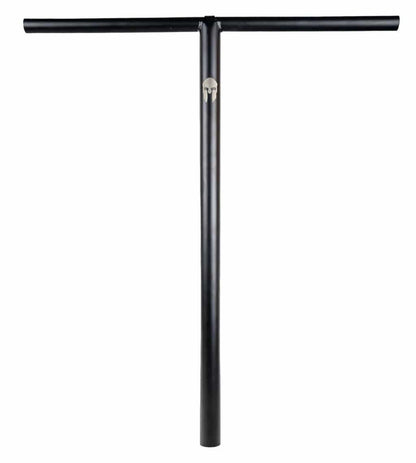 A black Supremacy Trojan Steel Standard SCS T-bar handlebar, measuring 710mm x 610mm, featuring a vertical stem and horizontal grip, designed for the Stunt Scooter, set against a plain white background.