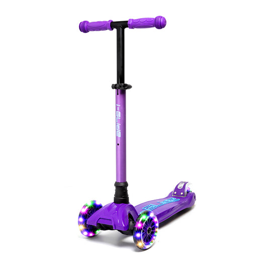 The I-Glide 3-Wheel LED Kids Scooter in Purple/Blue features a T-shaped handlebar, vibrant LED lights on the wheels, and an adjustable height handlebar for comfortable rides. Its sturdy frame ensures safe and enjoyable adventures for children.