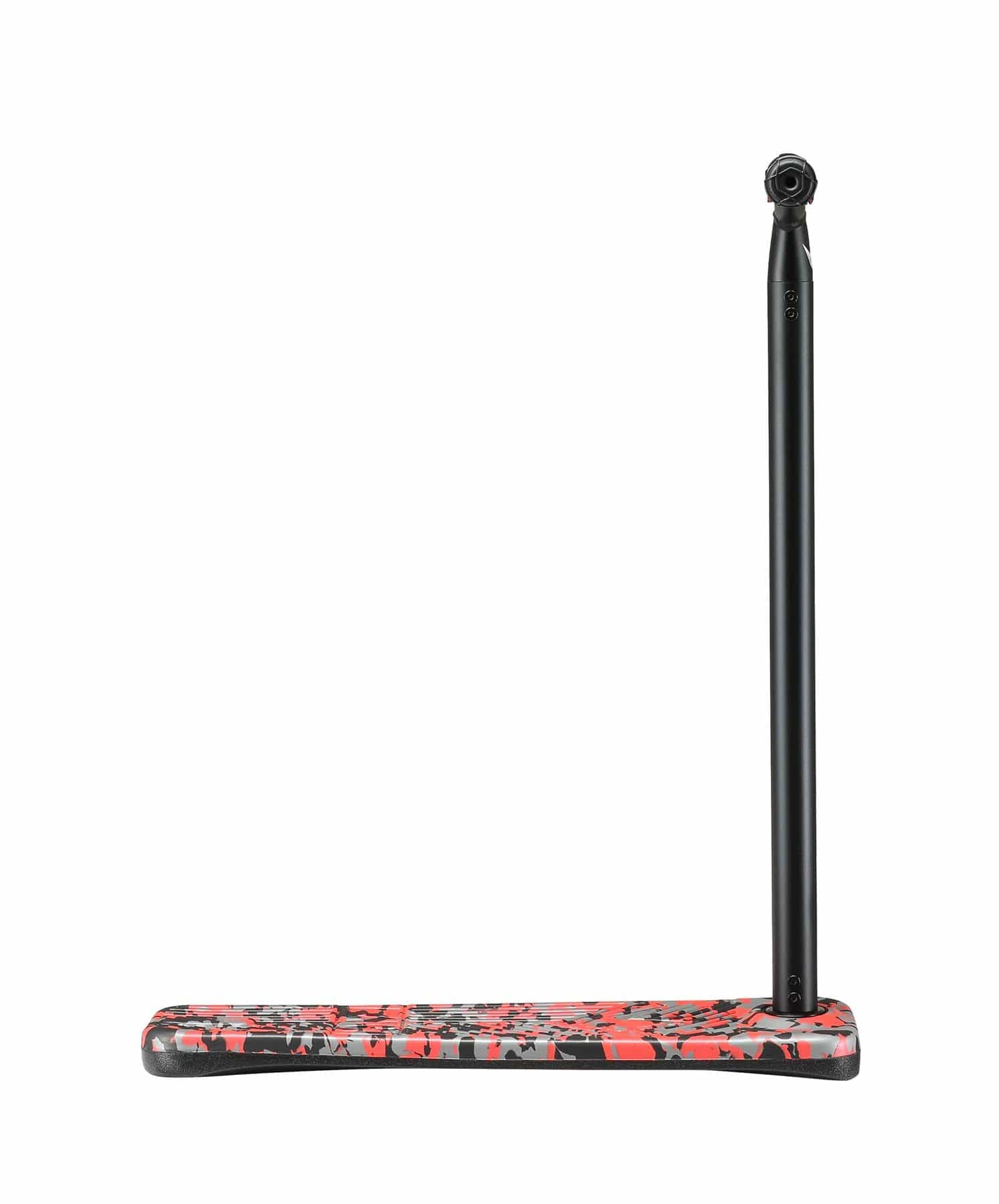 Vertical image showcasing the Blunt Envy TS Pro 6 Indoor Trampoline Stunt Scooter - Red Camo, featuring a vibrant deck and sleek black neck. The deck displays a red, gray, and black camouflage pattern, highlighting its standout and customizable design. This scooter is positioned upright to emphasize its modern elegance.