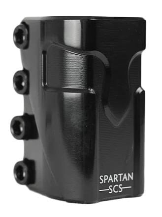 The Supremacy Spartan 4 Bolt Oversized SCS Stunt Scooter Clamp, in a sleek Gloss Black finish, showcases an aluminium construction with a contemporary angular design. Equipped with four screws on the left side, it offers a versatile and secure fit for your scooter needs.