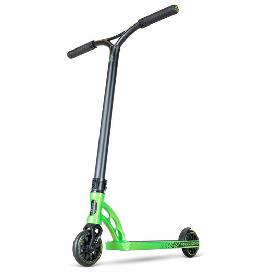 The MGP VX Origin III 450 Dragon Skin stunt scooter features ultra-light aluminum handlebars and a wavy deck, ideal for park riders. Its green frame contrasts with sleek black wheels, all set against a plain white background.