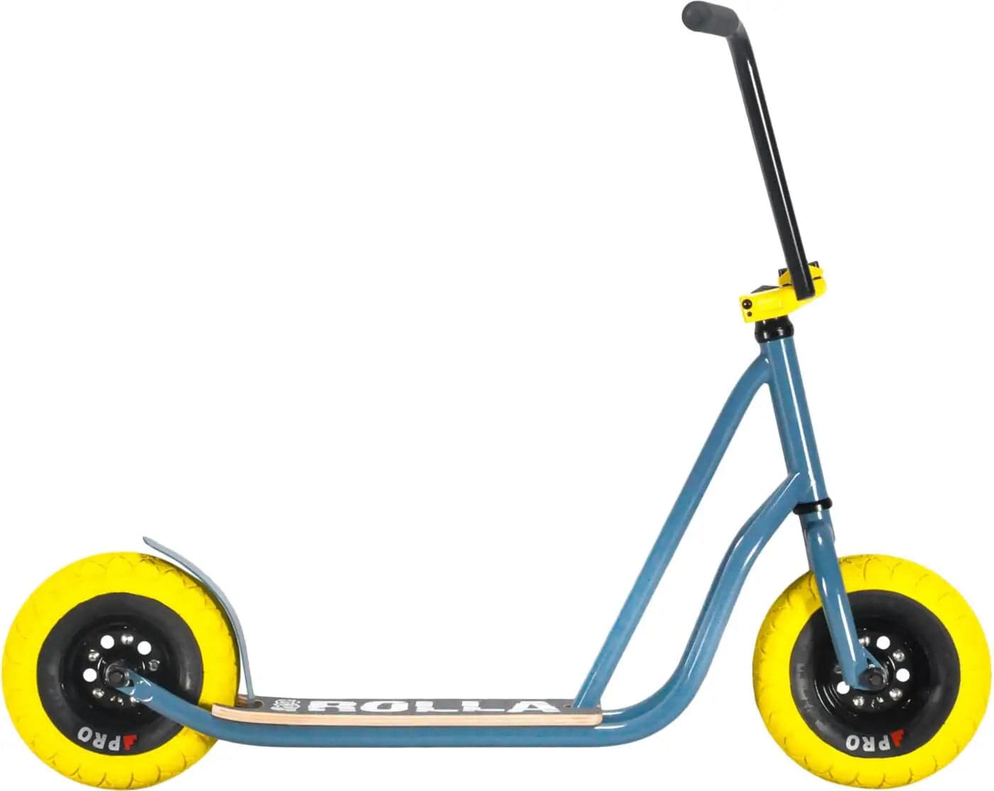 The Rocker Rolla Big Wheel Complete Scooter by Rocker showcases a sleek, modern design in grey, featuring prominent yellow wheels and a black handlebar. The "ROLLA" branding stands proudly on the footboard, capturing the energetic spirit of stunt scooters.