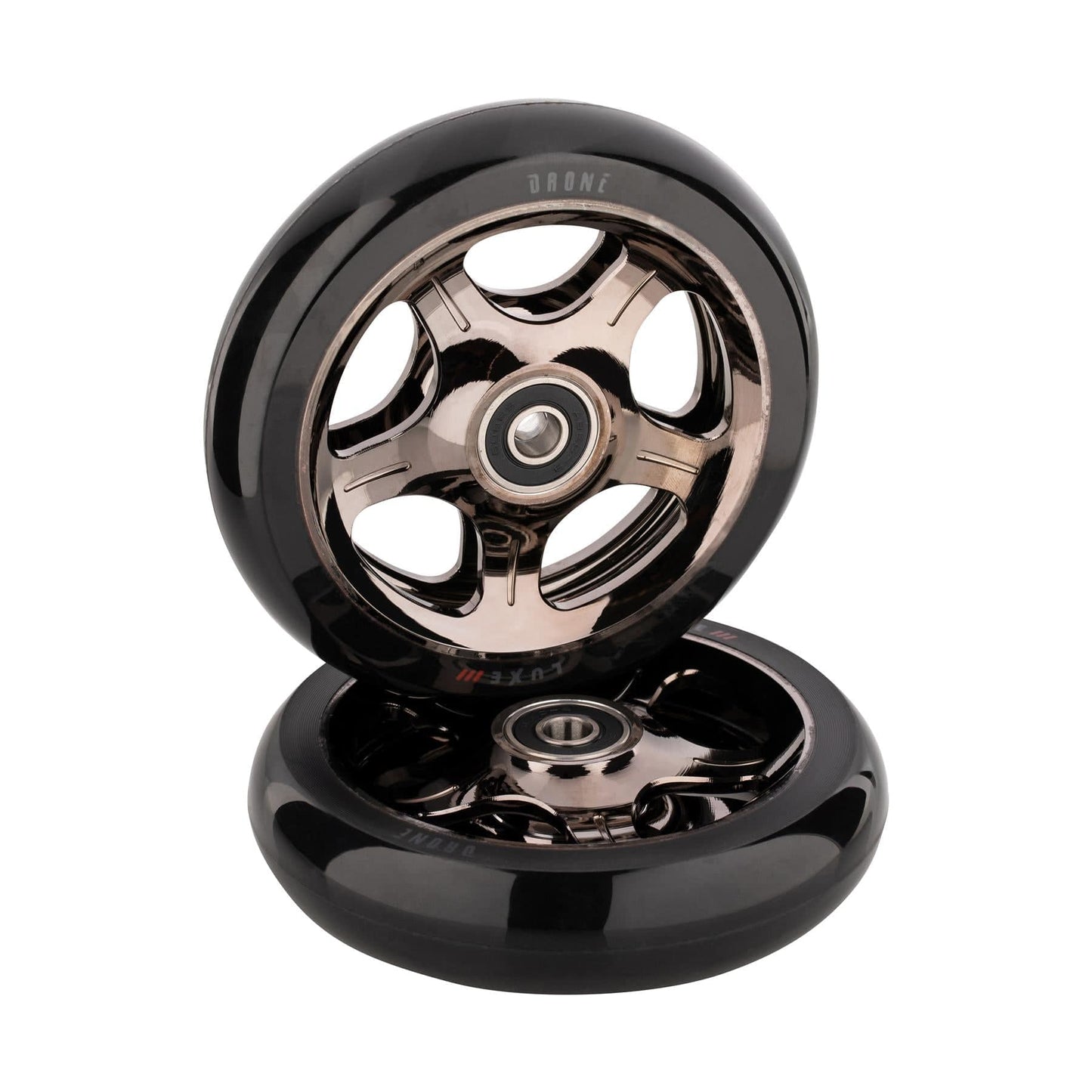 Two Drone Luxe 3 Dual-Core 110mm stunt scooter wheels in shiny smoked chrome feature a metallic core design and Ultra-Sonix bearings, with one standing vertically and the other lying flat.