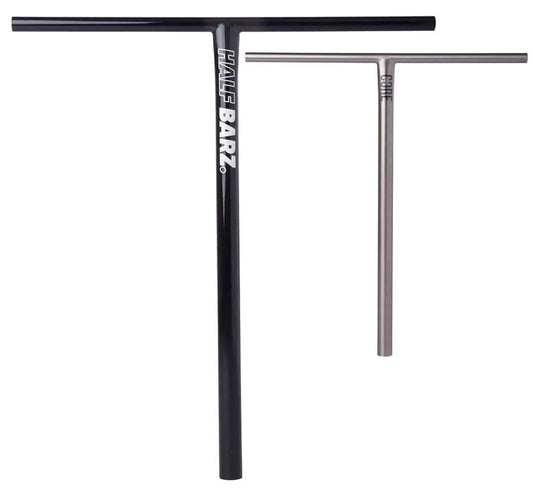 Displayed are two T-shaped scooter bars: the larger one, labeled "CORE Halfbarz V2 Titanium Oversized HIC Stunt Scooter T-Bars," features a black and chrome split design, while the smaller, plain bar is gray. These premium bars from CORE offer both durability and style, perfect for park riders. Experience the robust construction of CORE Titanium Bars for your scooter setup.