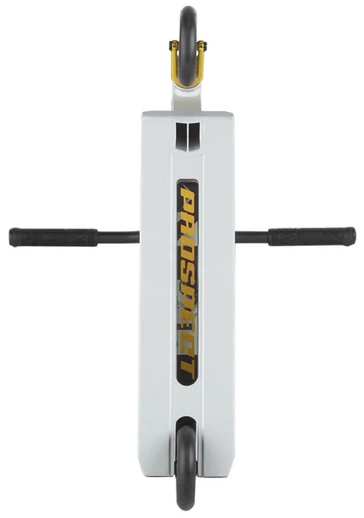 A top-down view of a white Prospeed balance board features two black wheels, similar to Lunar Hollow Core Wheels, with black handles on the sides. "PROSPEED" is printed in bold yellow at the center, boasting a sleek and lightweight design akin to the Lucky Prospect 2025 Complete Stunt Scooter - Talus.