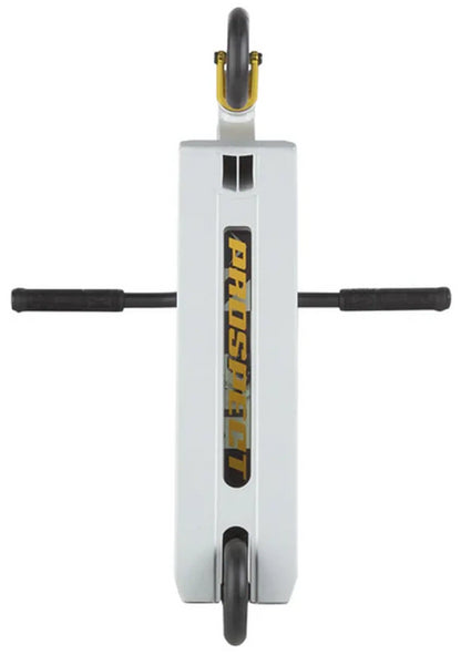 A top-down view of a white Prospeed balance board features two black wheels, similar to Lunar Hollow Core Wheels, with black handles on the sides. "PROSPEED" is printed in bold yellow at the center, boasting a sleek and lightweight design akin to the Lucky Prospect 2025 Complete Stunt Scooter - Talus.