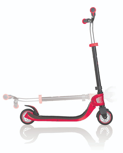 The Globber Flow 125 Foldable Kids Scooter by Globber is a stylish black and red scooter that includes compact wheels, a rear fender brake, and an adjustable T-bar for personalized comfort.