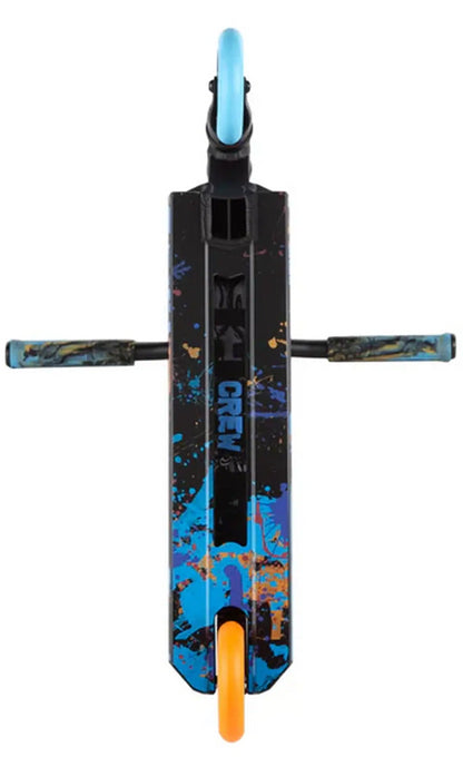 The Lucky Crew 2025 Complete Stunt Scooter - Drift by Lucky features a black deck with blue and orange splatter designs, blue and yellow camouflage handle grips, a blue front wheel, and an orange rear wheel. Ideal for vibrant beginner pro scooter enthusiasts.