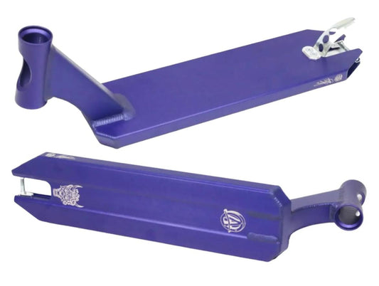 Check out the Apex Pro Angus Hughes V3 Purple Signature Stunt Scooter Deck, featuring a lightweight design with intricate logos on the side and top. It highlights details that allude to the Angus Hughes Signature style in a striking purple color.