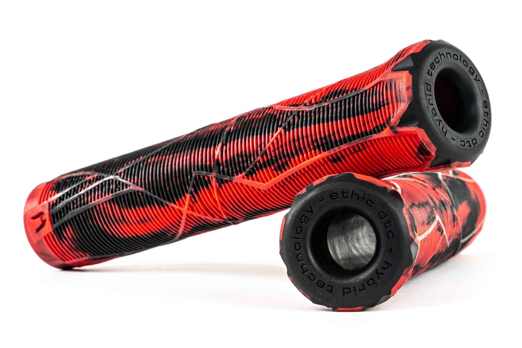 Two Ethic Slim Red/Black Stunt Scooter Grips, 160mm, are stacked. They feature a textured surface with swirling patterns and integrated black bar ends embossed with "ethic dtc technology.