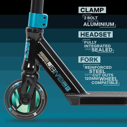 Close-up of the Invert Supreme Journey 1+ Jamie Hull Stunt Scooter in Tri Electro Teal and Black, showcasing features like a 2 bolt 6061 aluminum clamp, a fully integrated sealed headset, a reinforced steel fork with cut-outs, and compatibility with 120mm hollowcore wheels. The scooter is partially visible from the front side.