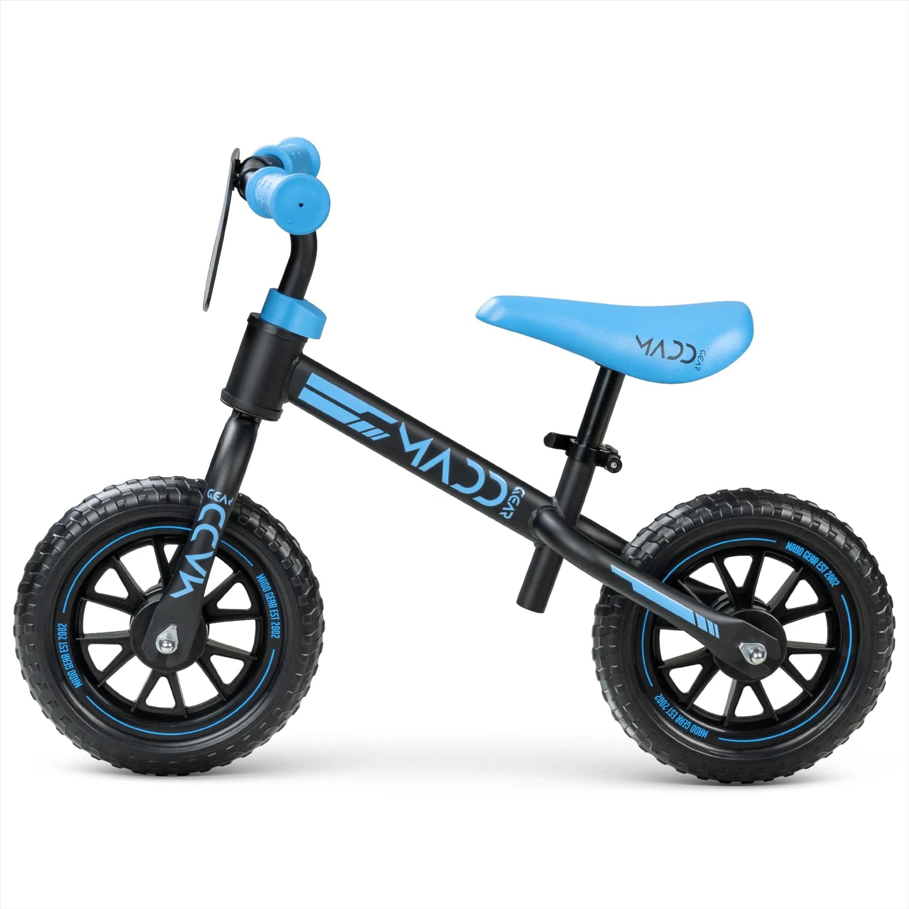 The Madd Gear (MGP) My 1st BMX Balance Bike in black with blue accents features an adjustable seat and handlebar, a lightweight pedal-free build, a blue seat and grips, and stylish wheel detailing, ideal for young children.