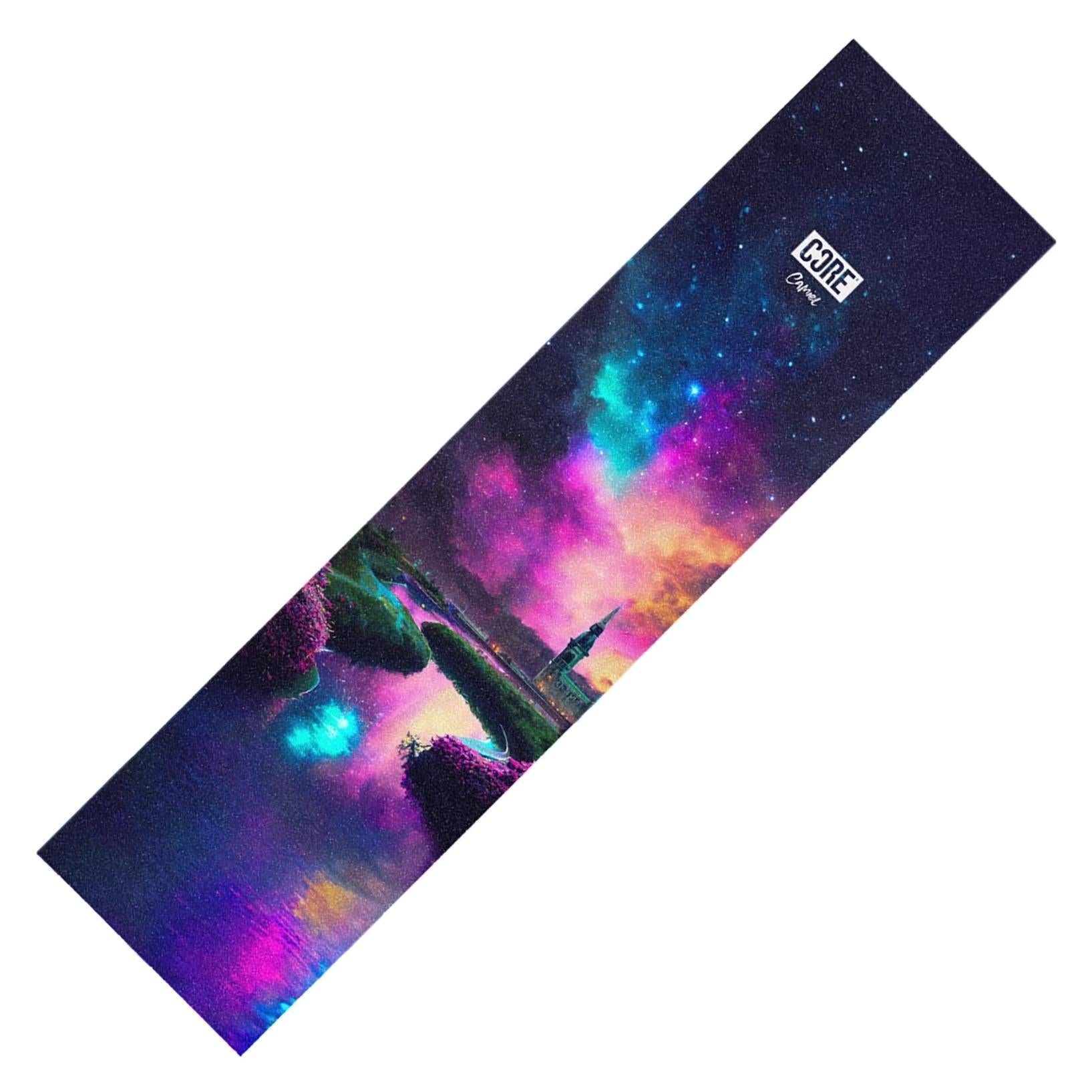 Introducing the CORE Signature Stunt Scooter Griptape - Camiel Wajer by CORE: A gripping surface designed like a yoga mat, featuring a vibrant galaxy design with clouds, stars, and striking shades of purple, blue, and pink. It offers exceptional texture for grip and showcases a sleek logo at the top.