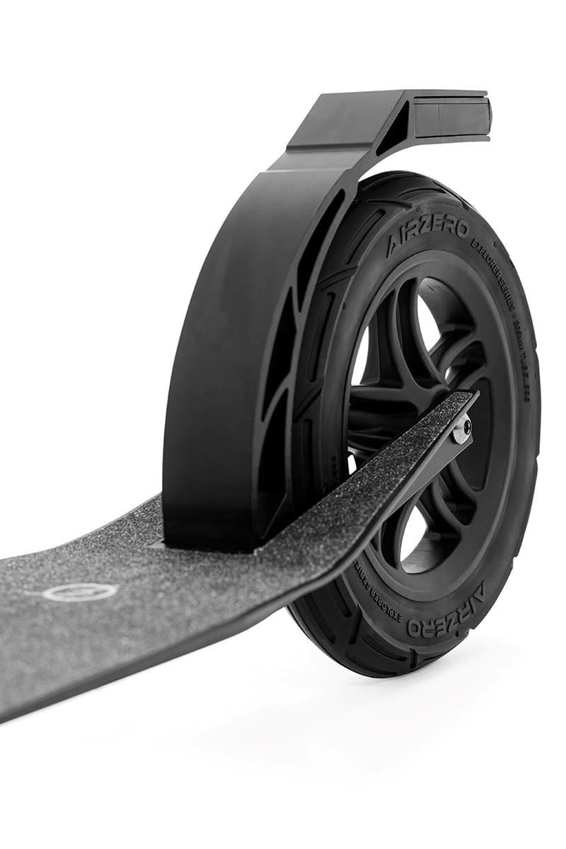 Close-up of the Frenzy 205mm Air Zero Foldable Commuter Scooter in black and silver, featuring a futuristic design with a textured platform and large tubeless rubber tire. The sleek lines and minimalist aesthetics highlight its advanced engineering and anodized finish.