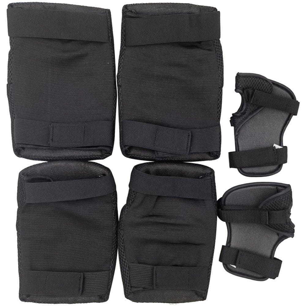 Introducing the Ozbozz Triple Skate Protection Pad Set in black from the brand Ozbozz. This set includes knee pads, elbow pads, and wrist guards, all crafted with durable material and adjustable straps. It's the perfect skating gear for activities such as biking or rollerblading.