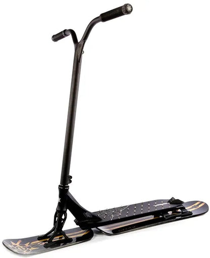 The Eretic Snow Scooter - Slope is a stylish black snow scooter featuring a Y-shaped handlebar and a skateboard-like deck that swaps wheels for snow skis. Ideal for performing tricks in winter conditions, it offers smooth gliding on snow and comes with minimalist graphics on the deck.