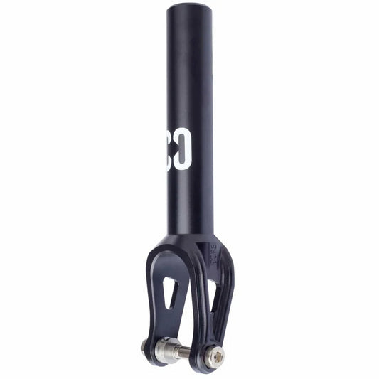 The CORE ST2 SCS/HIC Stunt Scooter Forks in black are expertly crafted from high-grade aluminum, featuring a cylindrical tube and a dual-pronged design at the base. Equipped with a bolt at the bottom, it showcases partially visible white text on the side, making it an ideal upgrade for your scooter.