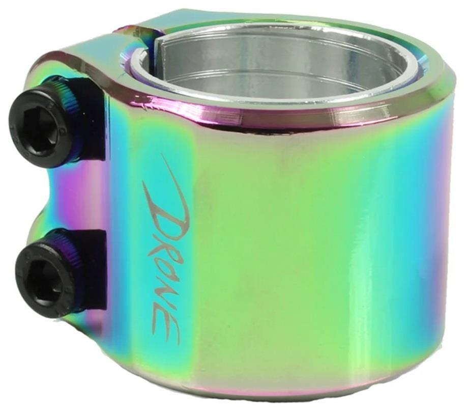 The Drone Solar 2 Bolt Oversized Stunt Scooter Clamp - Neochrome by Drone is a vibrant, high-performance upgrade with a metallic rainbow finish. It is lightweight with two black screws and an engraved logo, offering style and strength for stunt enthusiasts.