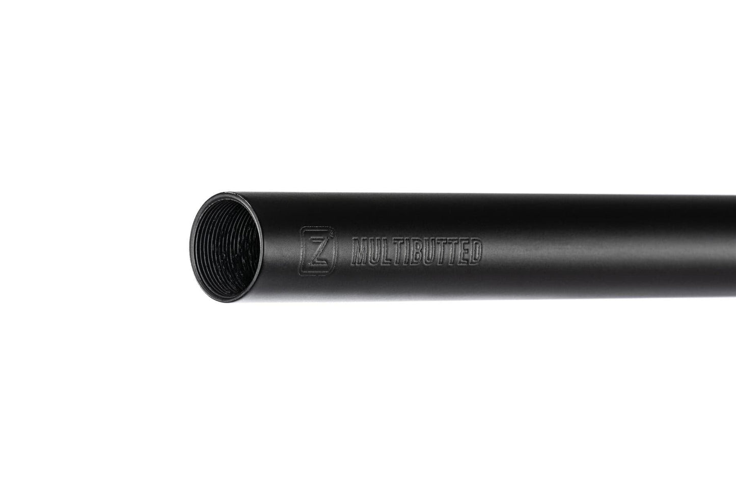 A black cylindrical metal pipe, akin to sturdy handlebars, showcases "Ethic DTC" skillfully etched on its surface. The open end reveals internal threading, while its lightweight and sleek design stand out against a plain white background.