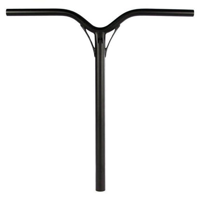 The Ethic DTC Dynasty V2 Steel Standard ICS-10 Stunt Scooter Bars in black present a T-shaped design with a central stem and two horizontal grips. Set against a plain white background, these bars measure 620mm x 580mm and are compatible with ICS-10 compression systems, providing a sleek and minimalist appeal for any ride.