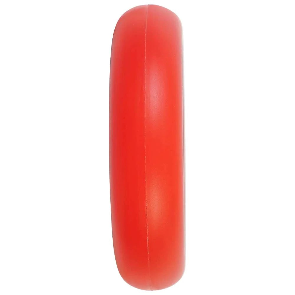 A side view of a bright red rubber ring or disc, similar to the vibrant Oath Bermuda 110mm Stunt Scooter Wheel in Red, features its smooth, rounded edges. The plain white background accentuates the object's striking color and minimalist design while emphasizing its corrosion-resistant attributes.