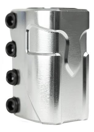 The Supremacy Spartan 4 Bolt Oversized SCS Stunt Scooter Clamp—Chrome edition—is designed with robust aluminum construction and features a stylish curved design. It comes with four black screws on the side, providing a versatile solution for securing components in diverse mechanical assemblies.