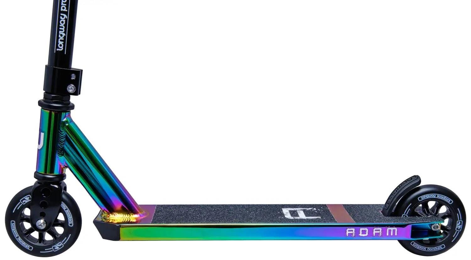 A close-up of the Longway Adam Complete Stunt Scooter - Black / Neochrome, perfect for younger riders, highlights its vibrant iridescent finish. It boasts black wheels and an aluminum grip deck with "Adam" printed on it. The front fork shines with a beautiful rainbow sheen.