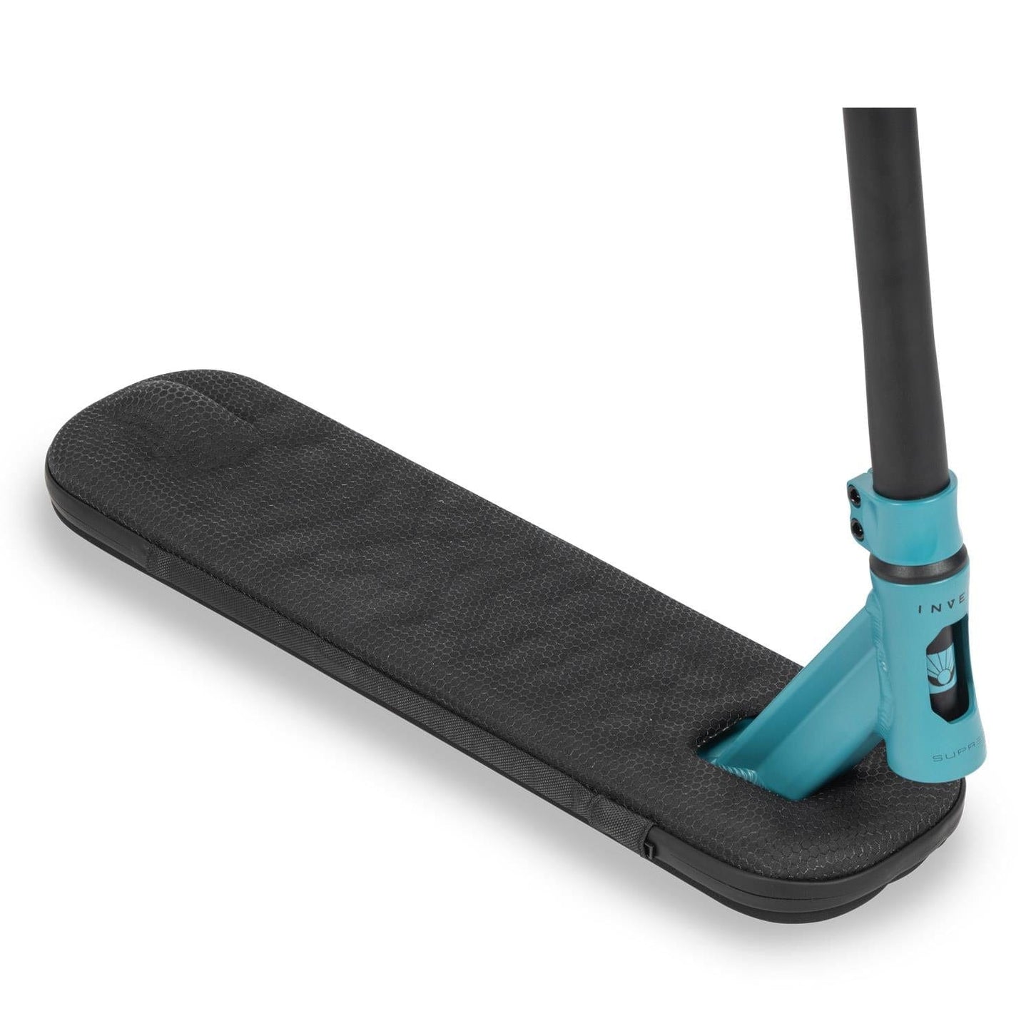 A close-up image of the Invert Supreme Launch Tramp Trainer Launch Trampoline Scooter (S) in Blue/Black features a textured black grip and an aqua blue fork. The handlebar, perfect for mastering tricks, is partially visible and connected to the fork. This Invert scooter is elegantly displayed against a simple white background.