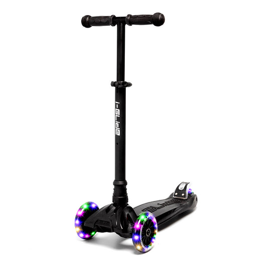 The i-Glide 3-Wheel LED Kids Scooter - Black features vibrant LED lights embedded in its wheels and comes equipped with a T-shaped, adjustable height handlebar. Set against a white background, the brand name "I-Glide" is prominently displayed on the stem, emphasizing its sleek design and innovative features.