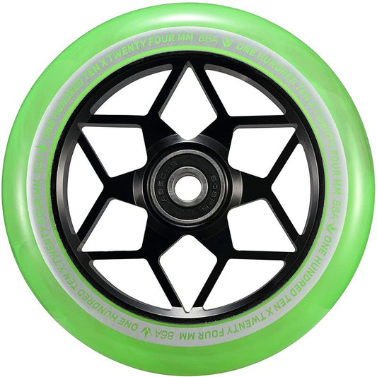 A close-up of the Blunt Envy Diamond 110mm Stunt Scooter Wheel in Smoke Green, featuring a black, star-shaped spoke design. The rim has gray text on the tire and is set against a white background.