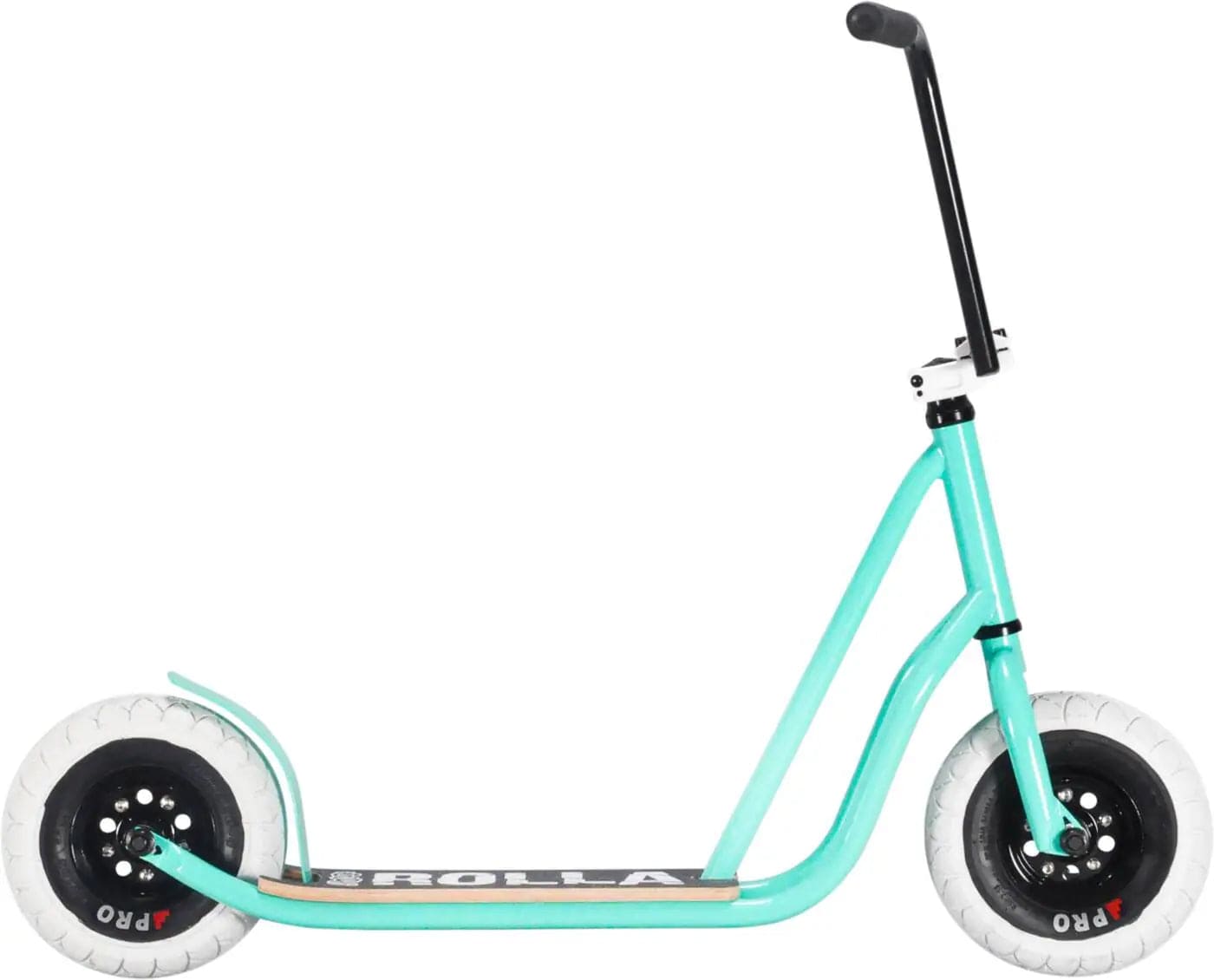 A Rocker Rolla Big Wheel Complete Scooter in teal, featuring a black handlebar, large white tires, and a sleek black footboard with "ROLLA" in white letters.