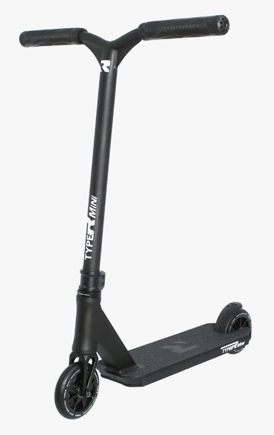 The Root Industries Type R MINI Complete Stunt Scooter in Matte Black features a sleek design with a lightweight aluminum deck, small wheels, and straight chromoly handlebars. "Type-R Mini" is printed on the frame. The scooter is against a plain, light background.