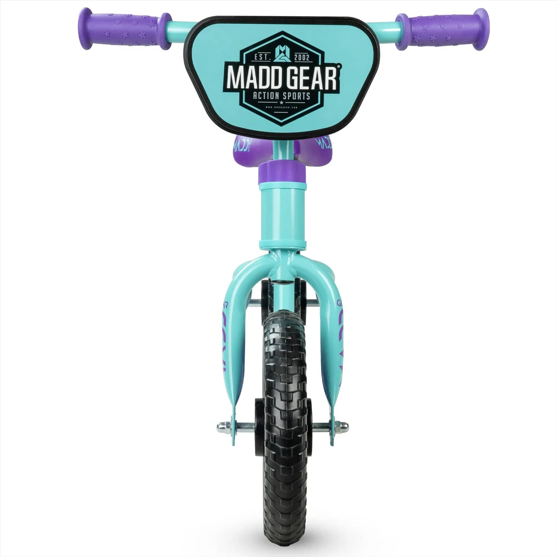 A teal and purple Madd Gear My 1st BMX balance bike for toddlers, aged 18 months to 4 years, with the "Madd Gear Action Sports" logo on its front number plate. It features black tires and purple handle grips.