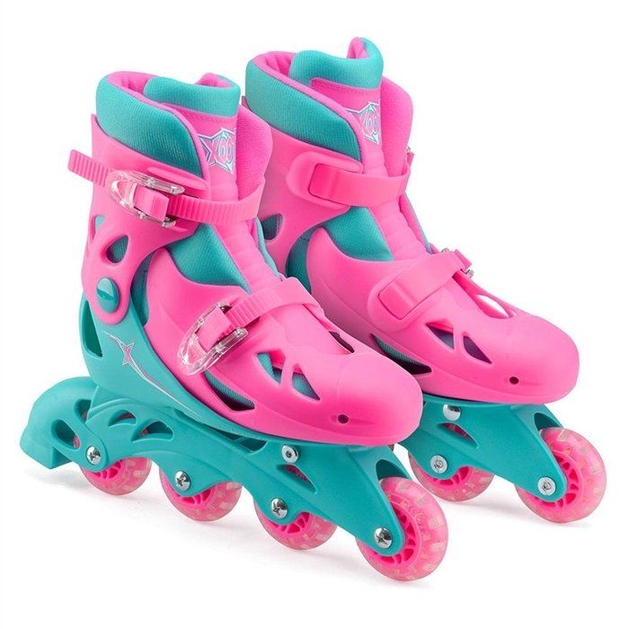 Introducing the Xootz Adjustable Inline Roller Skates - Pink, crafted by Xootz for beginner skaters. These skates feature a predominantly pink boot with teal accents, complemented by a teal frame and wheels highlighted in pink. They offer both style and foot protection on every ride.