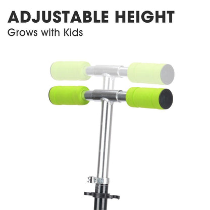 Image of a Xootz Atom Foldable Kids Scooter handlebar with green foam grips. The adjustable handlebars are displayed in three positions to demonstrate the scooter's ability to grow with children. Its lightweight frame enhances adaptability, ensuring young riders can handle it effortlessly. Note: The color of the scooter is purple.