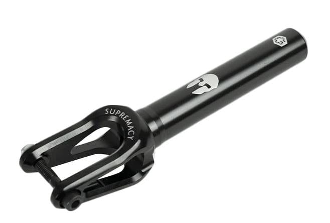 A gloss black scooter fork from Supremacy, the Spartan SCS/HIC model, made from CNC milled aluminum for optimal lightweight performance. It boasts a sleek, cylindrical design with a hollowed-out structure for wheel attachment and features a white logo and emblem—a true masterpiece of Trojan forks.