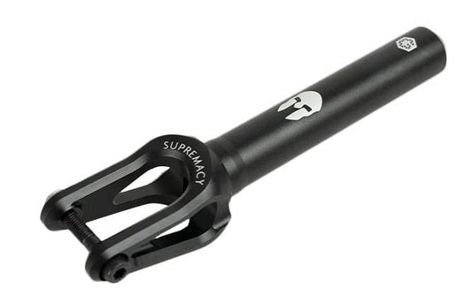 Supremacy's Spartan SCS/HIC Stunt Scooter Forks in matte black feature the brand's iconic "SUPREMACY" and logo beautifully etched on the cylindrical neck. Engineered from high-grade aluminum, these forks boast a sleek yet durable design with CNC-milled prongs and a bolt mechanism at the base for easy attachment.