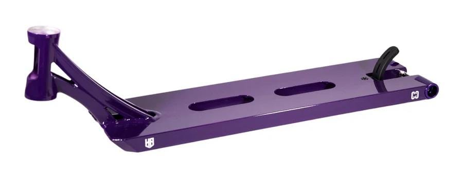 The CORE ST2 Jack 'Halfbarz' Ward Signature Purple Stunt Scooter Deck, ideal for hybrid riding, measures 6" x 21", featuring two elongated cutouts and a rear brake. The sleek purple finish includes the prominent CORE brand logo, ensuring both style and performance.