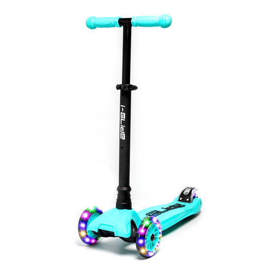 The i-Glide 3-Wheel LED Kids Scooter in Aqua boasts a black adjustable-height handlebar and vibrant LED lights in the wheels, set against a plain white background. This I-Glide scooter offers the perfect blend of style and functionality for an eye-catching ride.