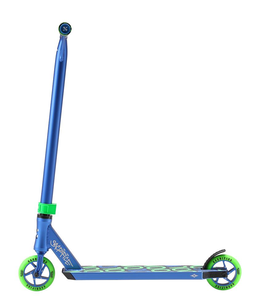 The Sacrifice Flyte 100 V2 Complete Stunt Scooter boasts a sleek blue frame and green wheels, with smooth handlebars and a rear fender brake, ideal for precise stunts.