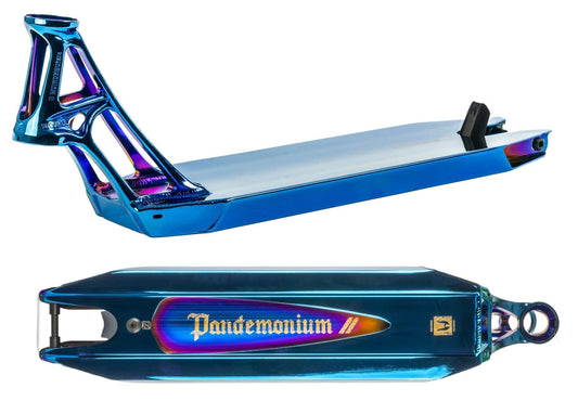 An Ethic DTC Pandemonium V2 Stunt Scooter Deck in a chrome blue finish features an angular and sleek design. Made with durable aluminum, the top view of this 5.1" x 18.1" deck displays its length and the iconic "Pandemonium" text, while the side view emphasizes the deck's lightweight structure and vibrant appearance.