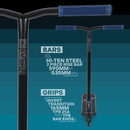 The image showcases an Invert Supreme Journey 2.5 Jamie Hull Stunt Scooter - Chameleon / Raw, which is ideal for intermediate riders. It comes with Hi-Ten steel 2-piece rise bars measuring 590mm high and 535mm wide. The TPR 25A grips are 165mm long and have TPE bar ends. The background features a sleek mix of blue and black colors.