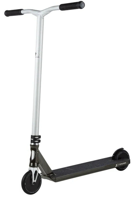 The Lucky Prospect XL 2025 Complete Stunt Scooter - Shift by Lucky is a sleek black and silver kick scooter designed for park and street riding. It features a lightweight design with a black deck, two small wheels, and straight handlebars with black grips, ideal for intermediate to advanced riders.