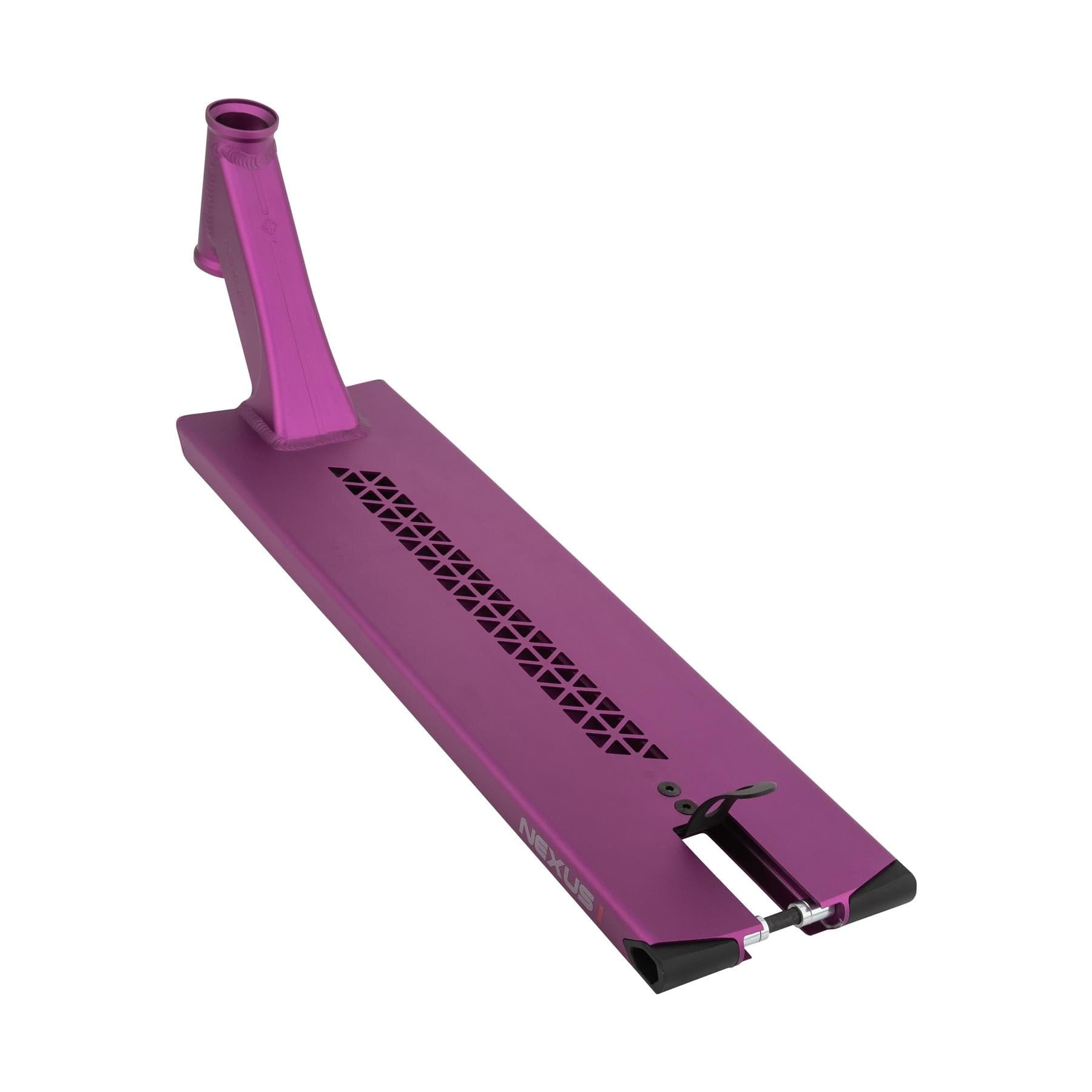 The Drone Nexus 1 Purple Squared Stunt Scooter Deck, measuring 6.5" x 22", features a sleek, modern design with a purple finish and triangular pattern on top. This lightweight street deck has black ends and a cutout near the back for seamless wheel attachment.