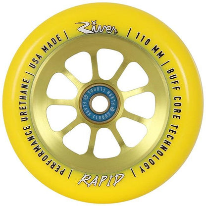 The River Naturals Rapid Pro 110mm Stunt Scooter Wheel in Sunrise Yellow is a high-performance wheel that features the text "River," "110 mm," "USA Made," and "Performance Urethane" along with Buff Core Technology. The inner blue core displays the words "Rapid Pro Scooter Wheels" and "Splash Floods.