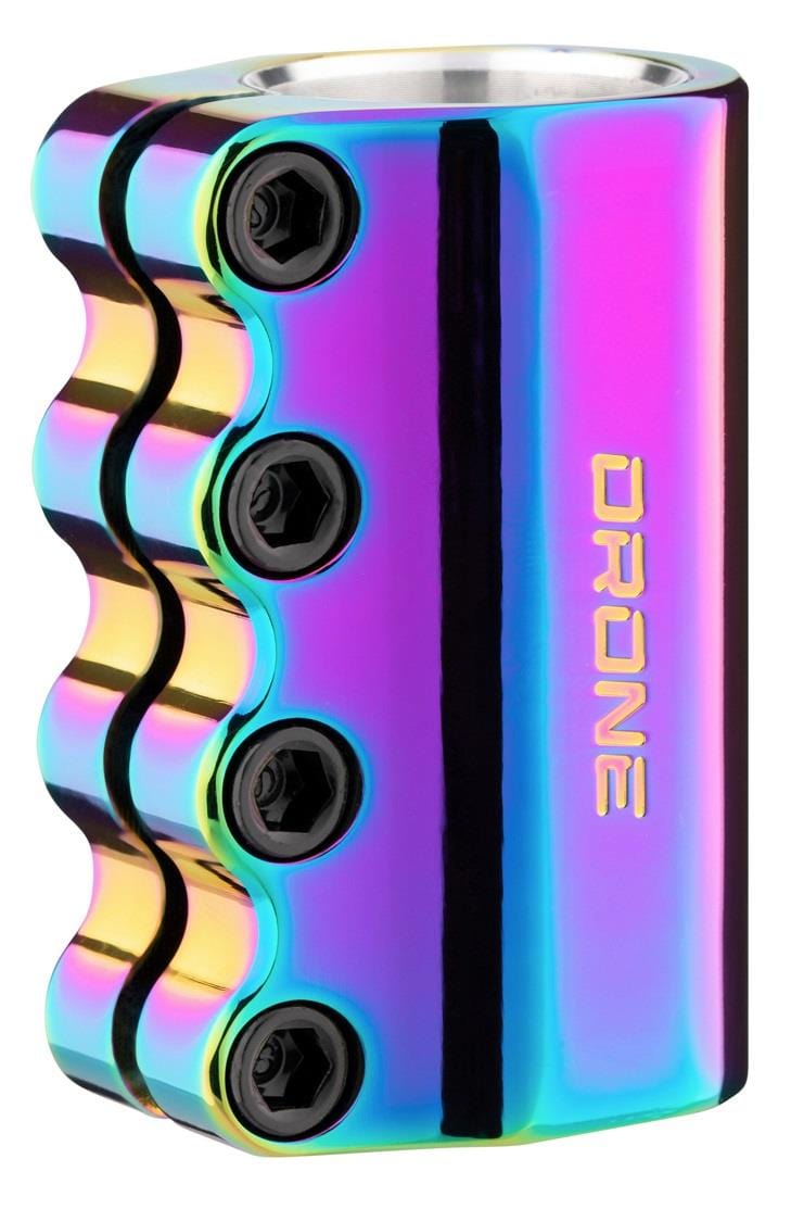 The Drone Contrast 3 4 Bolt Oversized SCS Stunt Scooter Clamp - Neochrome by Drone is a metallic, high-performance scooter clamp with four black bolts and a wavy edge. It features the word "DRONE" elegantly engraved vertically on the side, perfect for your stunt scooter.