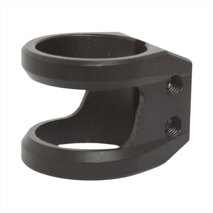 This versatile tool from Root Industries, the GT 2 Bolt Oversized Stunt Scooter Clamp in black, features a cylindrical opening and two threaded screw holes on the side, ensuring secure fastening and compatibility with various bar sizes for pipes or similar objects.