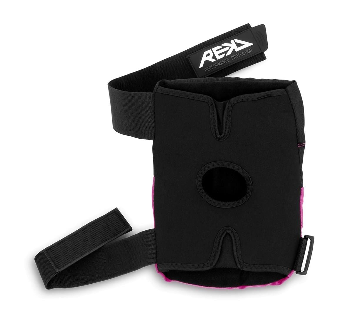 Presenting the REKD Ramp Knee Skate Protection Pads, available in a sleek black design with pink accents and a front circular opening. Perfect for action sports, these knee pads offer adjustable Velcro straps to ensure secure fastening and impact resistance. The stylish REKD branding is featured on one strap, combining support with a touch of fashion.