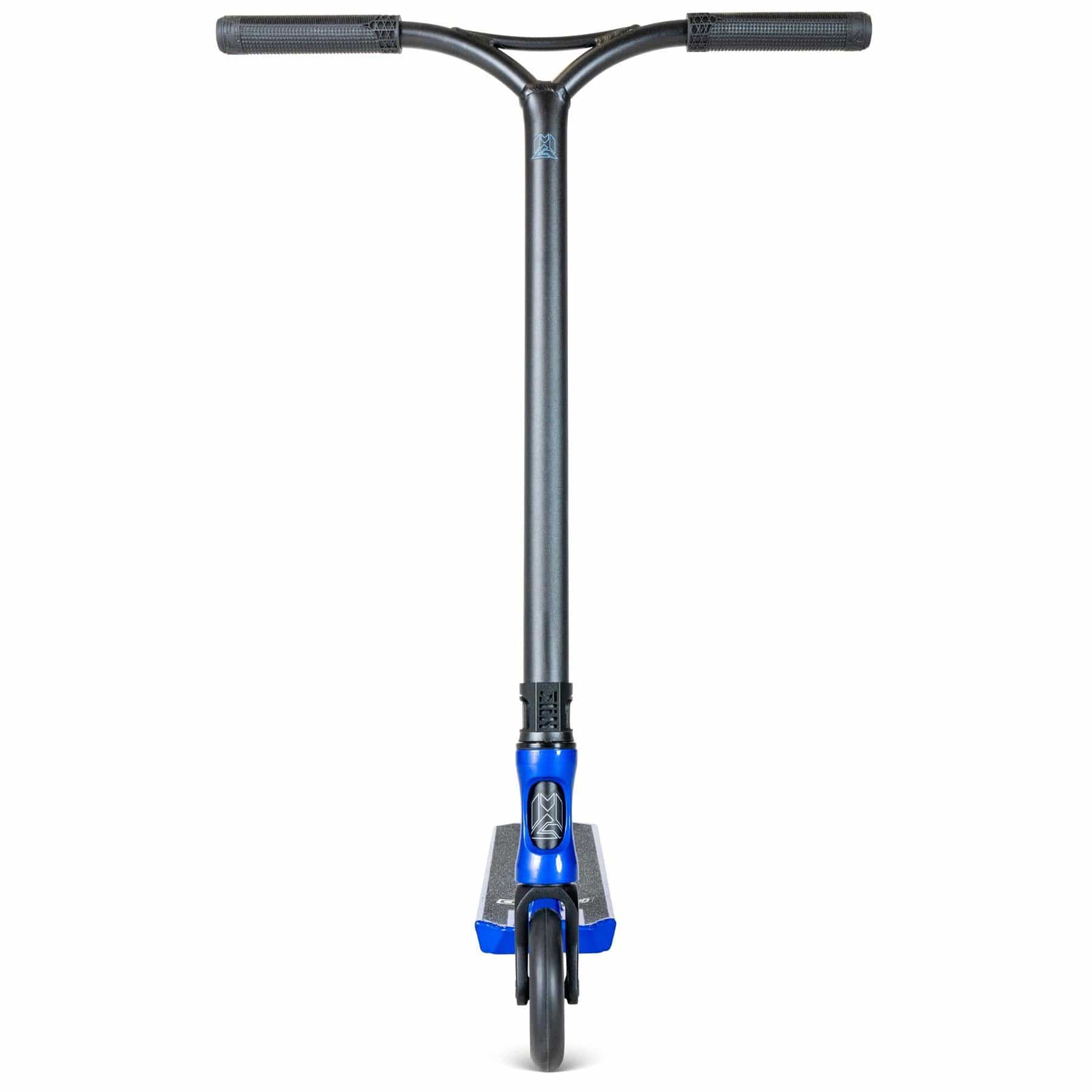 The Madd Gear (MGP) VX Origin III 450 Complete Stunt Scooter, in steel blue, is ideal for park riders. It boasts a T-bar handle and a strong deck for stunts, while its single front wheel enhances the sleek design.